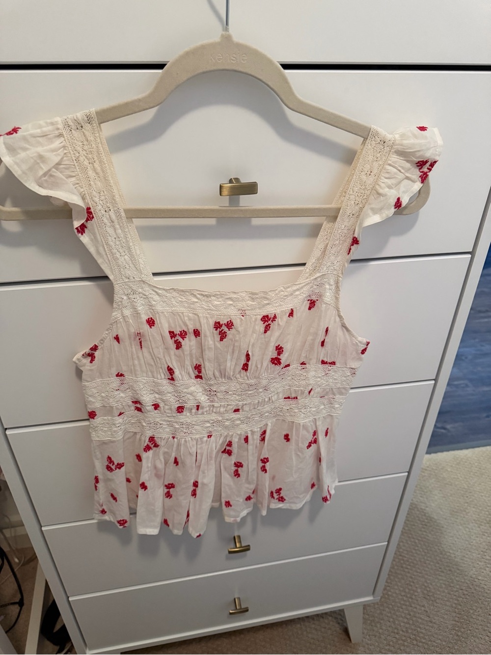 Free People White Floral Ruffled Tank Top